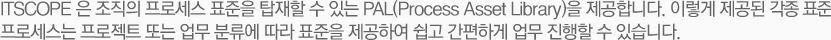 ITSCOPE 은 조직의 프로세스 표준을 탑재할 수 있는 PAL(Process Asset Library)을 제공합니다. 이렇게 제공된 각종 표준
                        프로세스는 프로젝트 또는 업무 분류에 따라 표준을 제공하여 쉽고 간편하게 업무 진행할 수 있습니다.